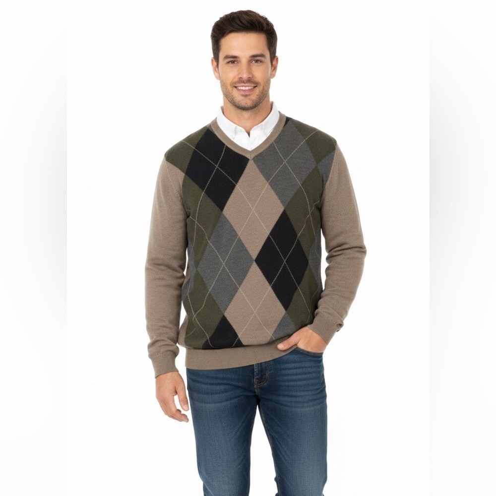 Claiborne Men's V-Neck Argyle Sweater - Brown, Green, and Black